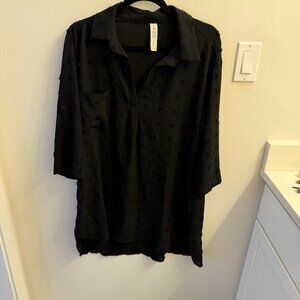 Black Textured Swim Cover Up Tunic | Semi-Sheer Beach Shirt | Size L
